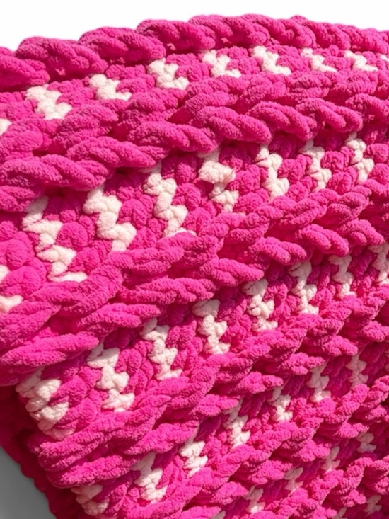 Other - Handmade Chunky Chenille Crochet Blanket Hot Pink White Cozy Throw 57x40